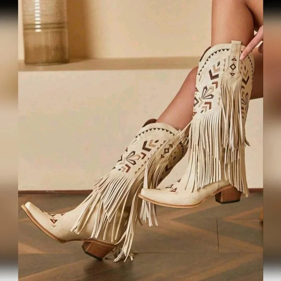 Brown Cowgirl Western Boots Fringe Tassel Chunky High Heels Mid Calf Slip On Ret - Picture 1 of 7